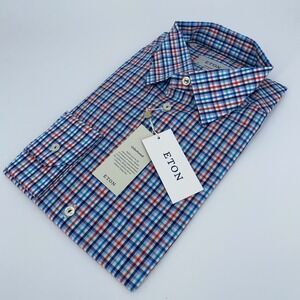 Eton Dress Shirt Men XL 17 - 43 Colorful Plaid Popolin Contemporary Fit Collared